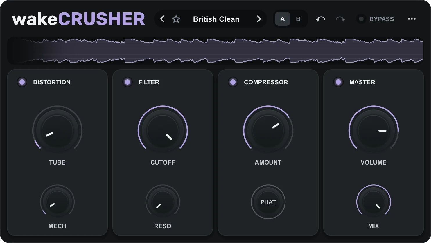 wakeCRUSHER plug-in window on the British Clean preset: Distortion, Filter, Compressor and Master